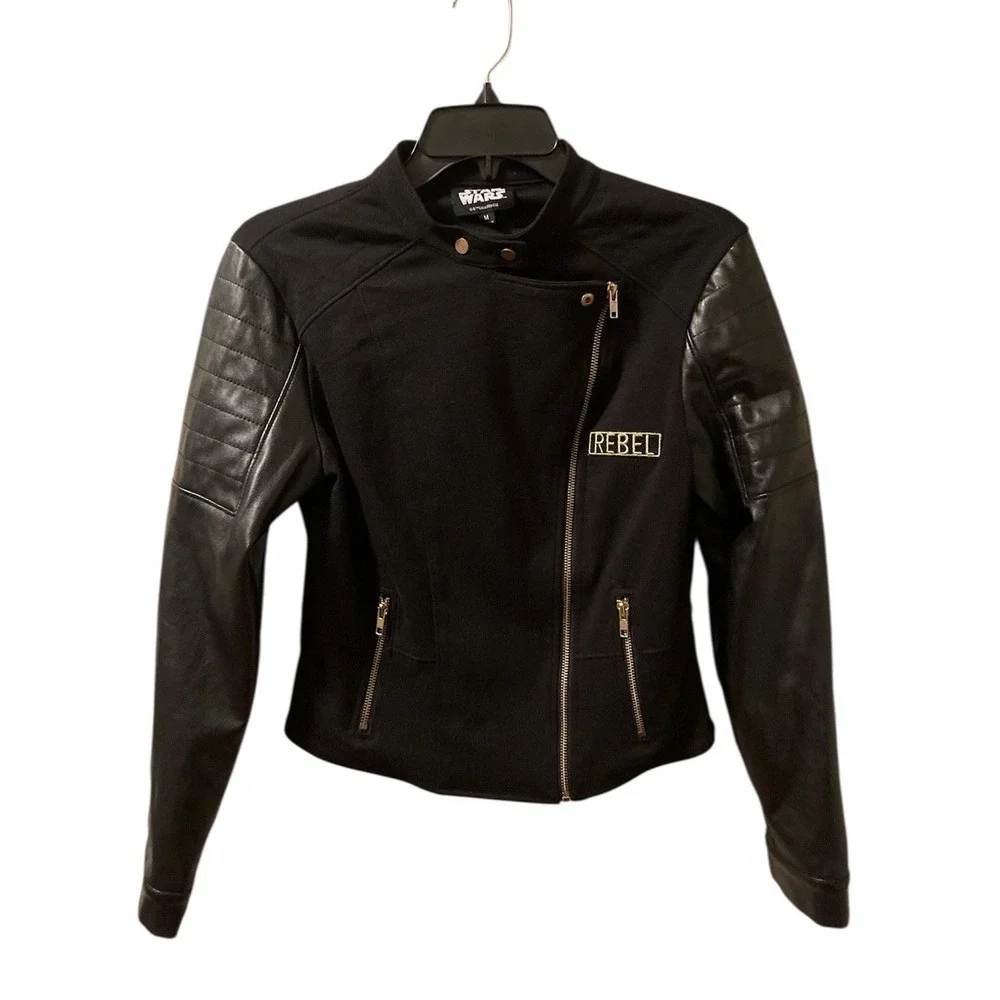 Star Wars Moto Jacket Black Rebel Faux Leather Zip Front Sz M - Picture 1 of 11